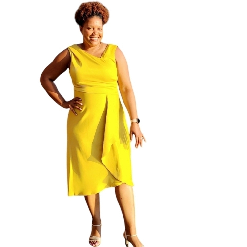 Just...Taylor | Women's Gold V-Neck Asymmetrical Hem Cocktail Dress (Size 16) - Picture 2 of 15